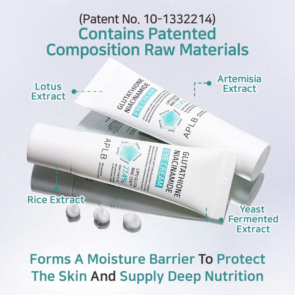 glutathione niacinamide eye cream APLB 20ml The Aplb Glutathione Niacinamide Eye Cream combines powerful ingredients like 27.4% Lipo Gluta and Niacinamide to combat dark circles APLB Glutathione Niacinamide Eye Cream